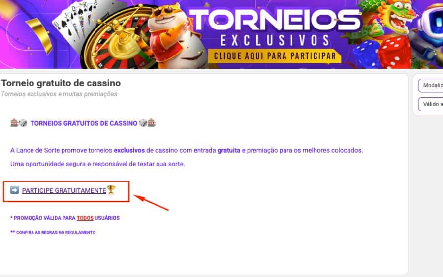 Página da promoção 'Torneio gratuito de cassino' no site Lance de Sorte, com uma seta vermelha apontando para o botão de participação 'PARTICIPE GRATUITAMENTE'.