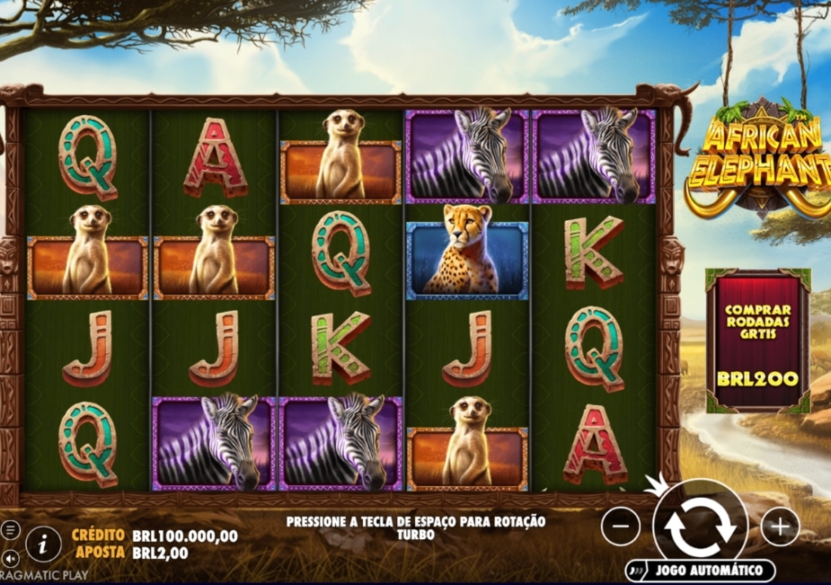 Tela do slot African Elephant mostrando símbolos de animais africanos e cartas no layout do jogo.