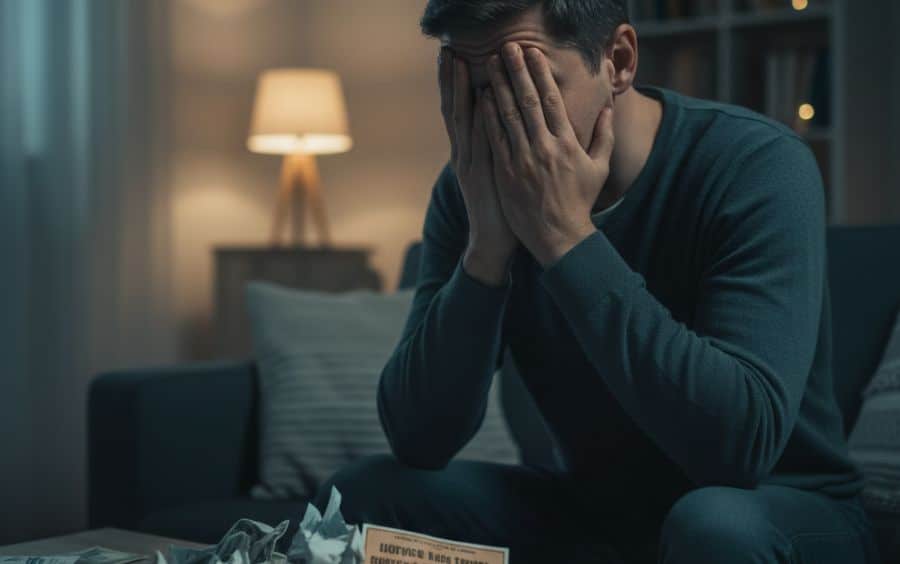 Homem sentado em casa com as mãos no rosto, demonstrando sofrimento emocional relacionado à ludopatia. A imagem ilustra os riscos do vício em jogos e a importância do Jogo Responsável no Brasil.