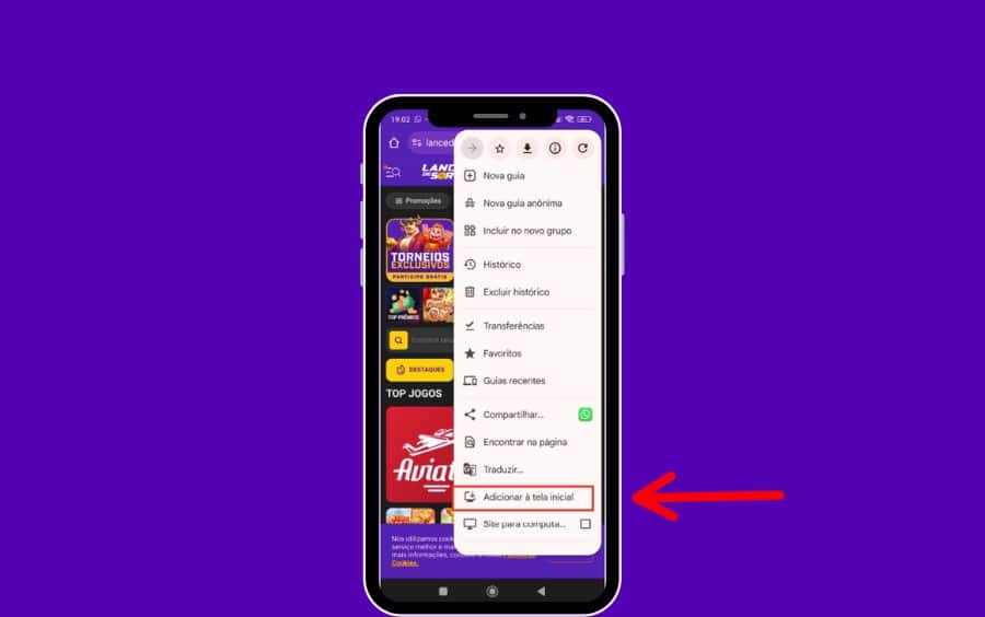 Passo 2 do tutorial: menu do Chrome aberto, com a opção "Adicionar à tela inicial" destacada por um retângulo vermelho.