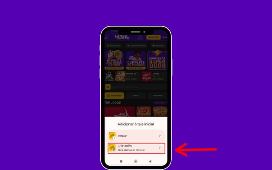 Passo 3 do tutorial: menu de opções após clicar em "Adicionar à tela inicial", com uma seta apontando para a opção "Criar atalho".