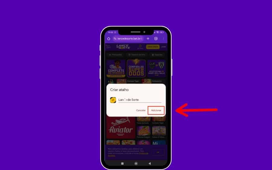 Passo 4 do tutorial: pop-up de confirmação "Criar atalho" no Android, mostrando o ícone e o nome "Lance de Sorte", com o botão "Adicionar".