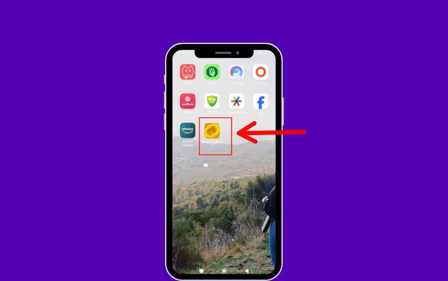 Passo 5 do tutorial: tela inicial de um celular Android, com uma seta apontando para o ícone de atalho recém-criado do Lance de Sorte.