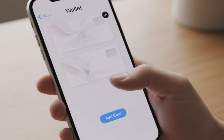 Tela do aplicativo Carteira em um iPhone, com um dedo prestes a tocar no ícone de mais (+) para adicionar um novo cartão ao Apple Pay.