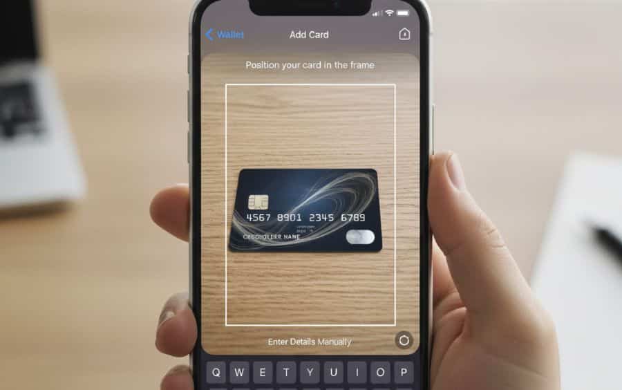 Visão da câmera de um iPhone sendo usada para escanear um cartão de crédito físico e adicioná-lo automaticamente ao Apple Pay.