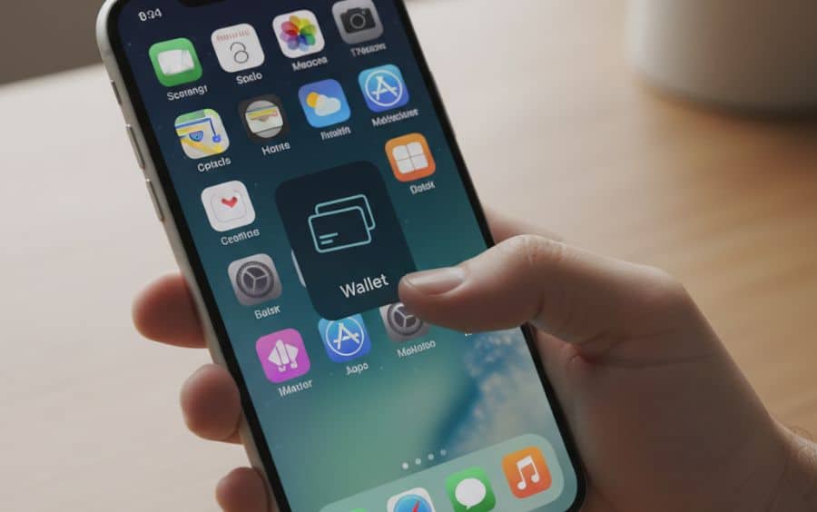 Mão segurando um iPhone com o dedo apontado para o ícone do aplicativo Carteira (Wallet) na tela inicial.
