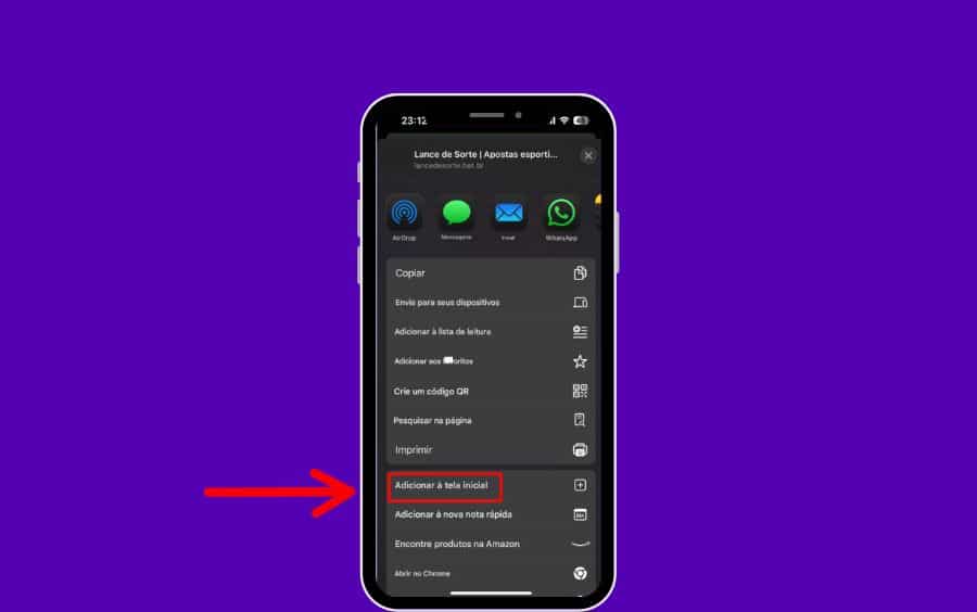 Menu de compartilhamento do Safari aberto, com a opção "Adicionar à tela inicial" destacada por um retângulo vermelho.
