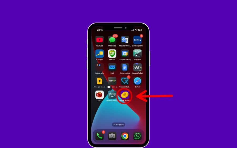 tela inicial de um iPhone, com um círculo vermelho apontando para o ícone de atalho recém-criado do Lance de Sorte.