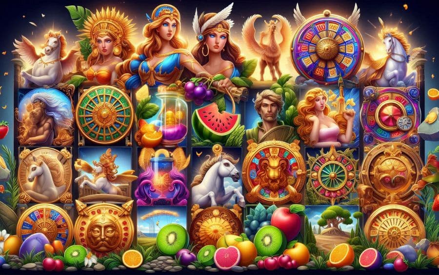 Imagem ilustrativa de caça-níqueis online com temas variados como mitologia, frutas e aventura.