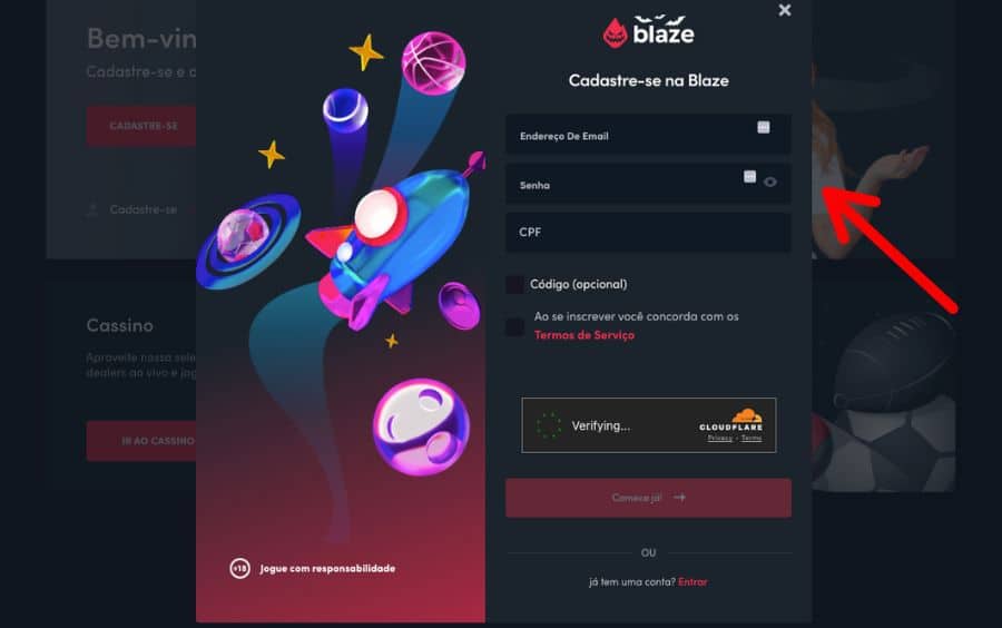 Passos 2 de cadastro na Blaze, mostrando o formulário de E-mail, Senha e CPF.