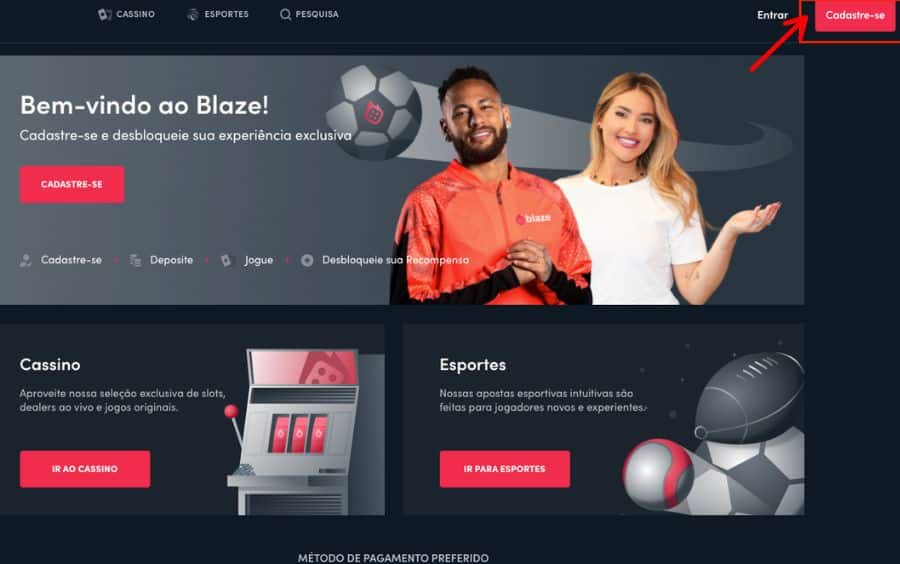 Uma captura de tela mostrando o primeiro passo de como se cadastrar na Blaze: clicar no botão vermelho 'Cadastre-se' no canto superior direito da página inicial.