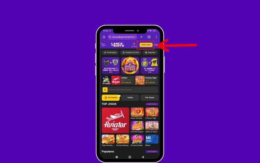Tela inicial do site móvel do Lance de Sorte, com o botão "CRIAR CONTA" destacado na parte superior para iniciar o cadastro pelo celular.