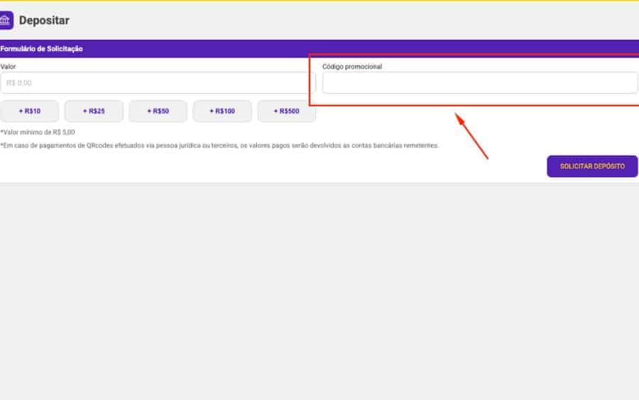 Tela de depósito da Lance de Sorte mostrando o formulário de pagamento Pix. O campo 'Código promocional', localizado ao lado do campo de valor.