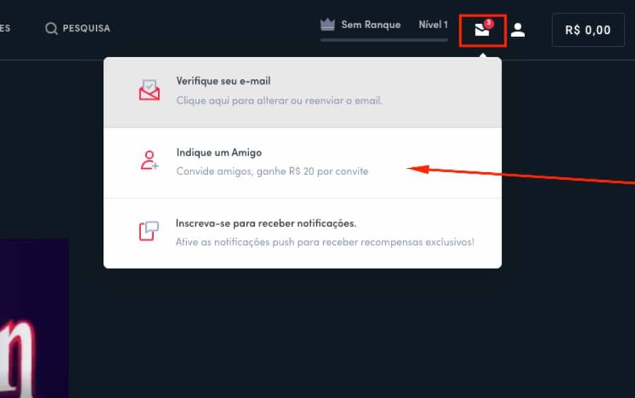 "Captura de tela da caixa de mensagens do perfil da Blaze, mostrando a opção 'Indique um Amigo' como uma forma de acessar e ativar uma promoção de recompensa.
