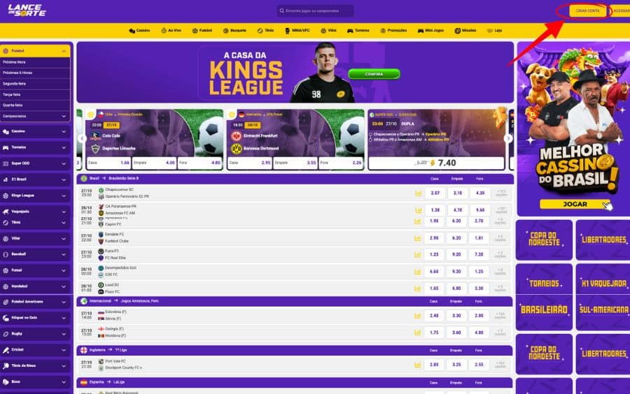 Página inicial do site Lance de Sorte, destacando o botão "CRIAR CONTA" no canto superior direito para iniciar o cadastro.