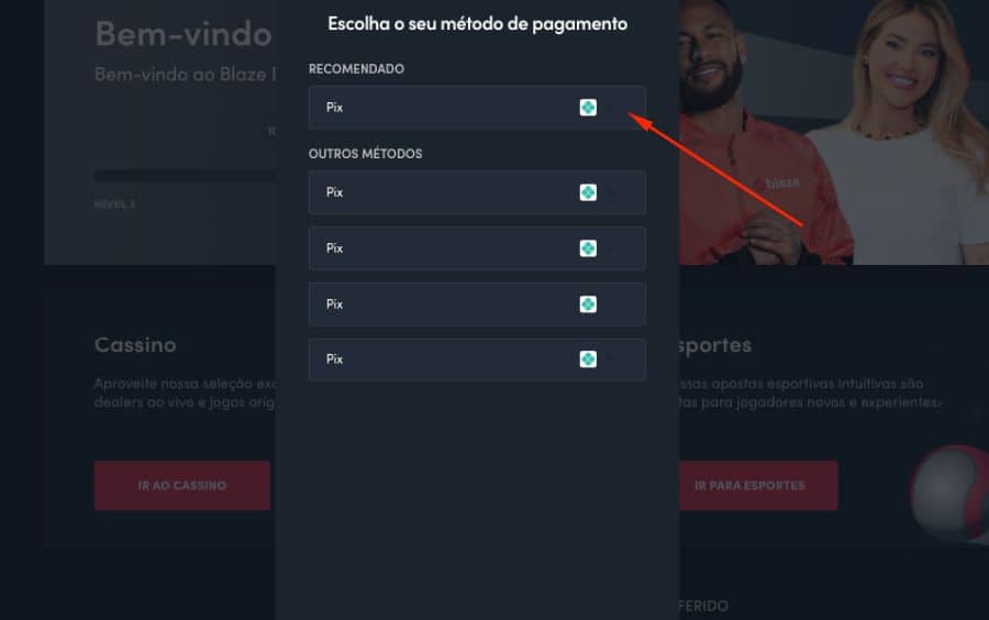 Tela 'Escolha o seu método de pagamento' da Blaze, mostrando 'Pix' como o método recomendado e outras opções de Pix abaixo.