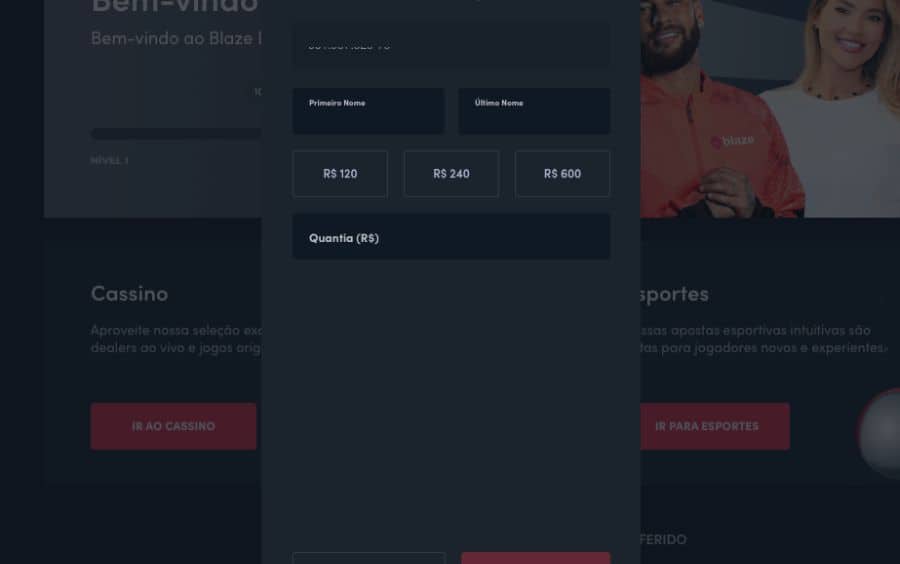 Tela 'Insira as informações de Pix' da Blaze, mostrando os campos para preencher CPF, Primeiro Nome, Último Nome e a 'Quantia (R$)' do depósito.