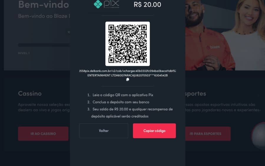 Passo 5 do tutorial de depósito da Blaze, mostrando a tela final com o QR Code do Pix, o botão 'Copiar código' e as instruções para realizar o pagamento de R$ 20,00.