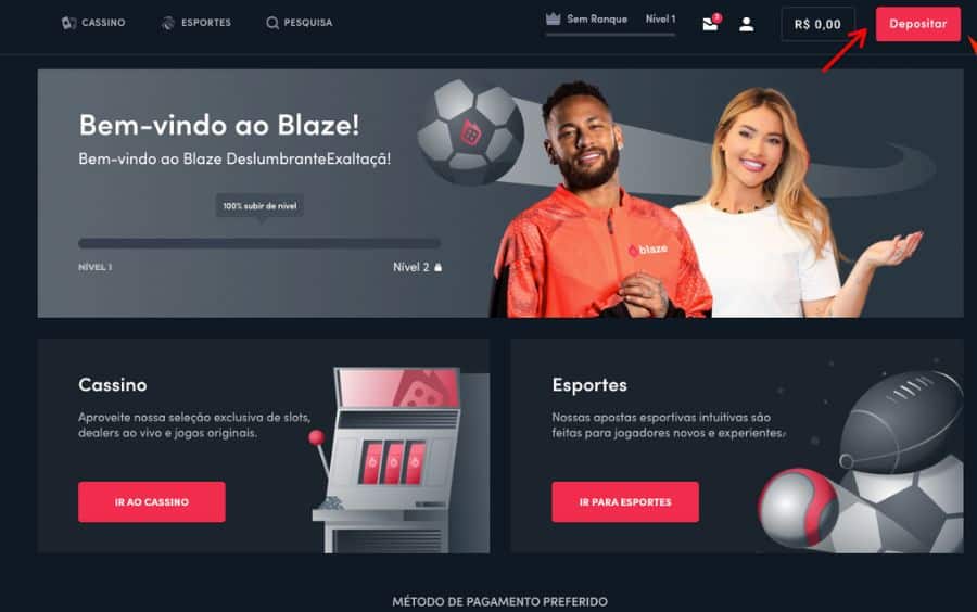 Captura de tela da página inicial da Blaze, mostrando o botão vermelho 'Depositar' no canto superior, que é o primeiro passo para adicionar fundos.