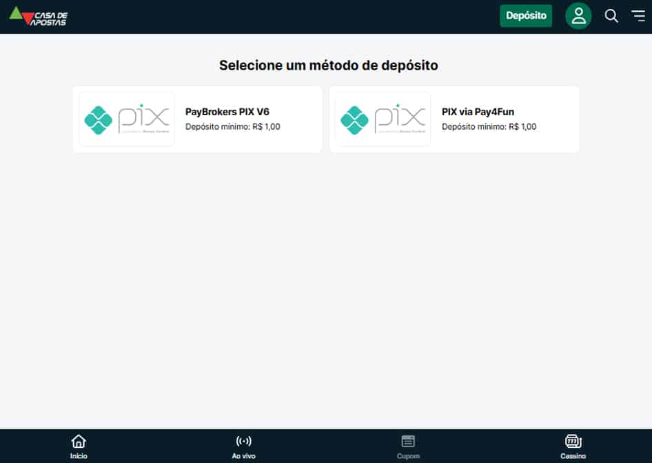 deposito casa de apostas