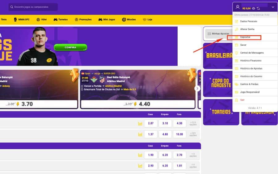 Captura de tela da página principal da Lance de Sorte com o usuário logado, destacando o botão 'Depositar' no canto superior do site.