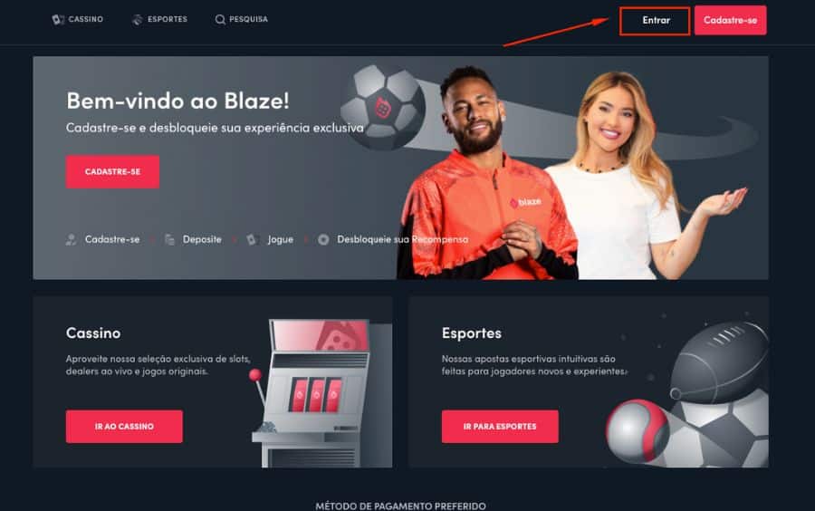 Uma captura de tela da página inicial da Blaze, mostrando o botão 'Entrar' no canto superior direito, que é o primeiro passo para fazer login.