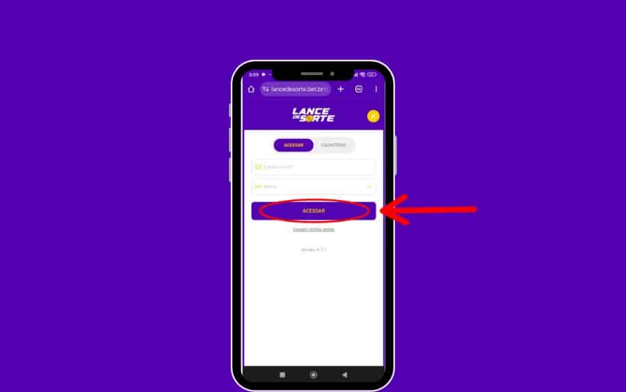 Painel de login do Lance de Sorte na versão móvel, mostrando os campos para inserir 'E-mail ou Cpf' e 'Senha', e o botão final 'ACESSAR'.