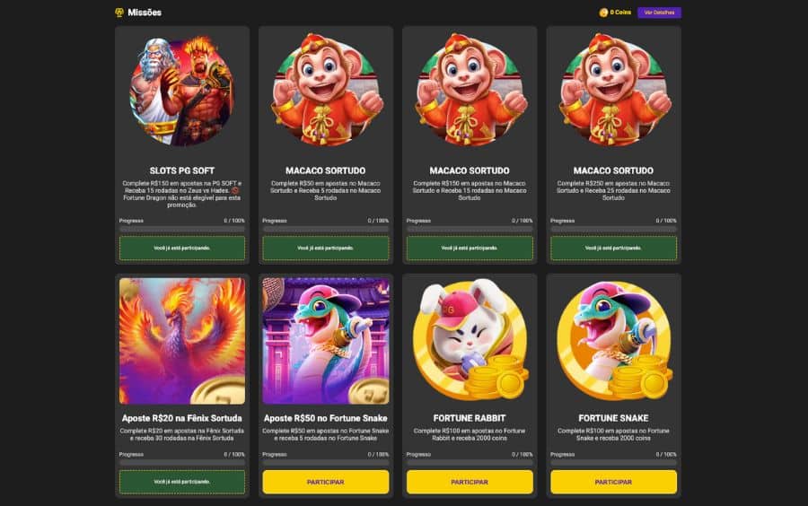 aptura de tela da plataforma Lance de Sorte mostrando a aba 'Missões' com tarefas diárias.