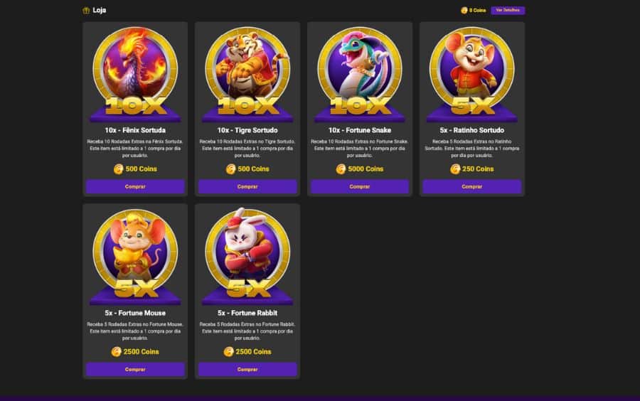 Captura de tela da plataforma Lance de Sorte mostrando a aba 'Loja' exibindo prêmios como giros grátis.