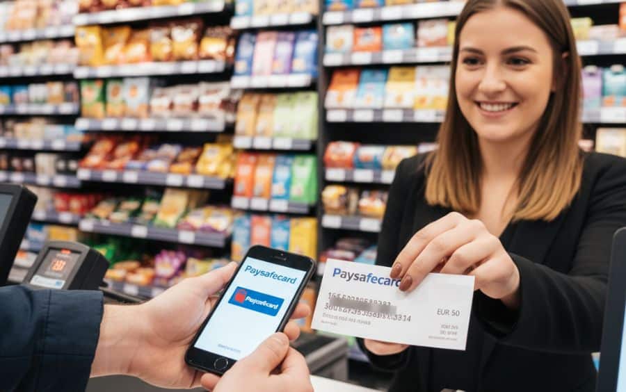 Mão segurando um voucher físico do Paysafecard com o código PIN de 16 dígitos visível, ilustrando a compra do crédito em um ponto de venda