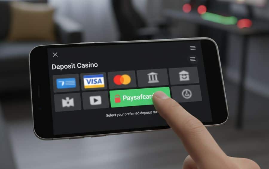 Dedo selecionando a opção de pagamento Paysafecard em uma lista de métodos disponíveis na tela de depósito de um cassino online.