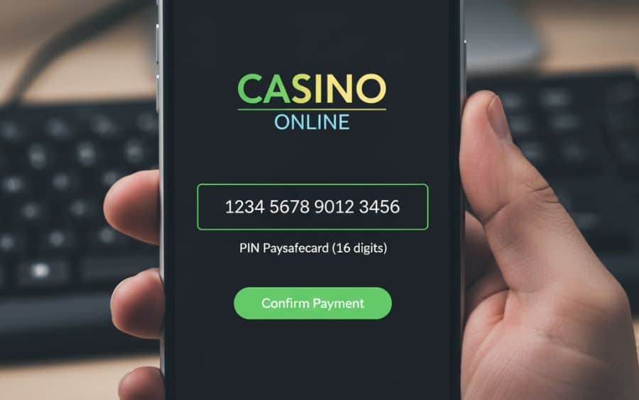 Usuário inserindo o código PIN de 16 dígitos do voucher Paysafecard no campo de pagamento do cassino para autorizar a transação.