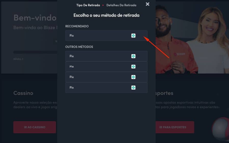 Tela de seleção de método de saque da Blaze, mostrando 'Pix' como a opção recomendada e única disponível para a retirada.