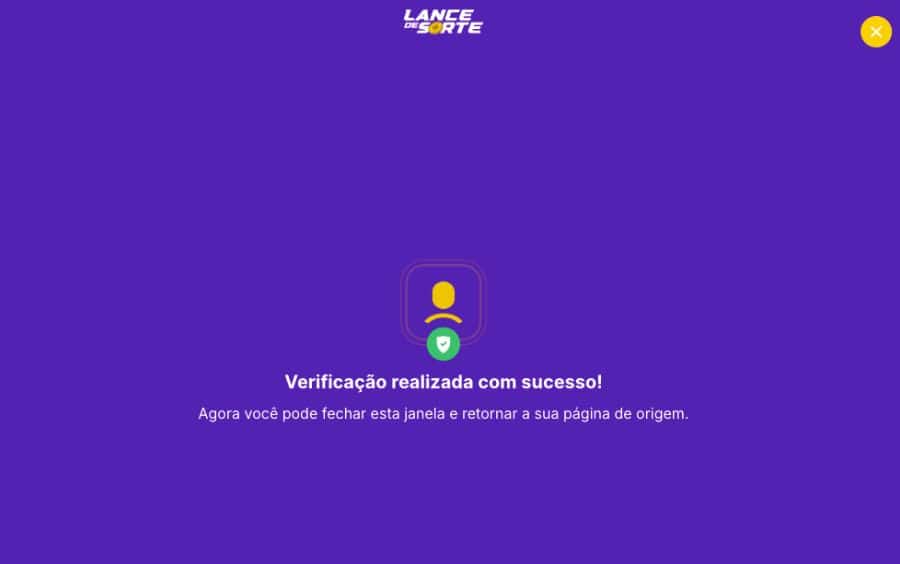 Tela de confirmação do Lance de Sorte com a mensagem "Verificação realizada com sucesso!", indicando o fim do processo KYC.