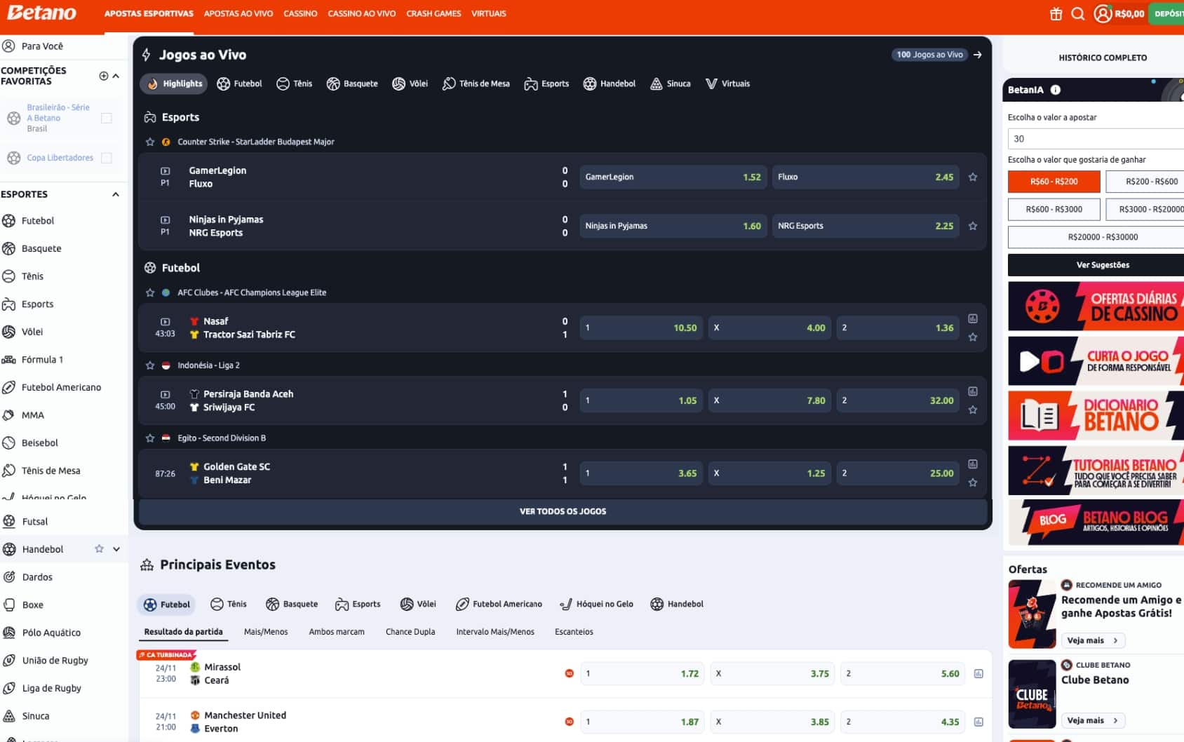 Interface da seção de apostas esportivas e ao vivo da Betano, exibindo a lista de modalidades no menu lateral, jogos em andamento com odds em tempo real e a ferramenta de inteligência artificial BetanIA à direita.