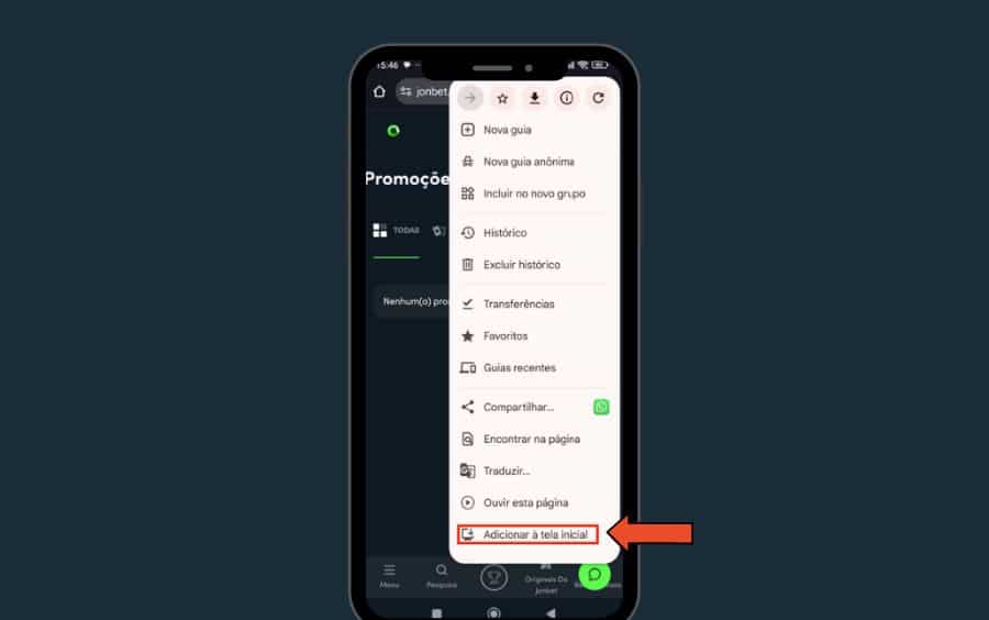 Passo 2 do tutorial: o menu do Chrome aberto com a opção 'Adicionar à tela inicial' destacada na parte inferior da lista.