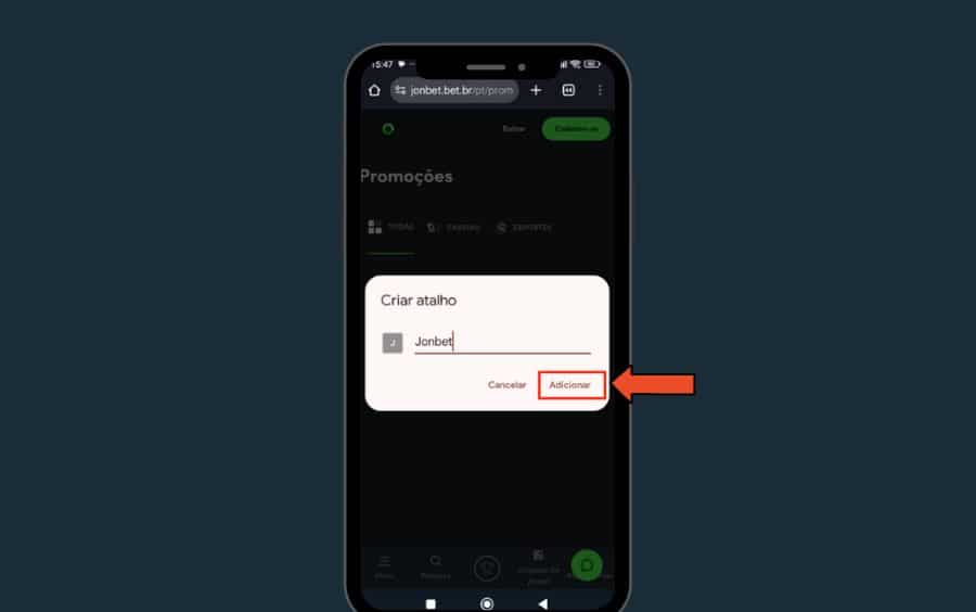 Passo 3: a janela pop-up 'Criar atalho' com o nome 'Jonbet' e o botão 'Adicionar' destacado para confirmar a ação.