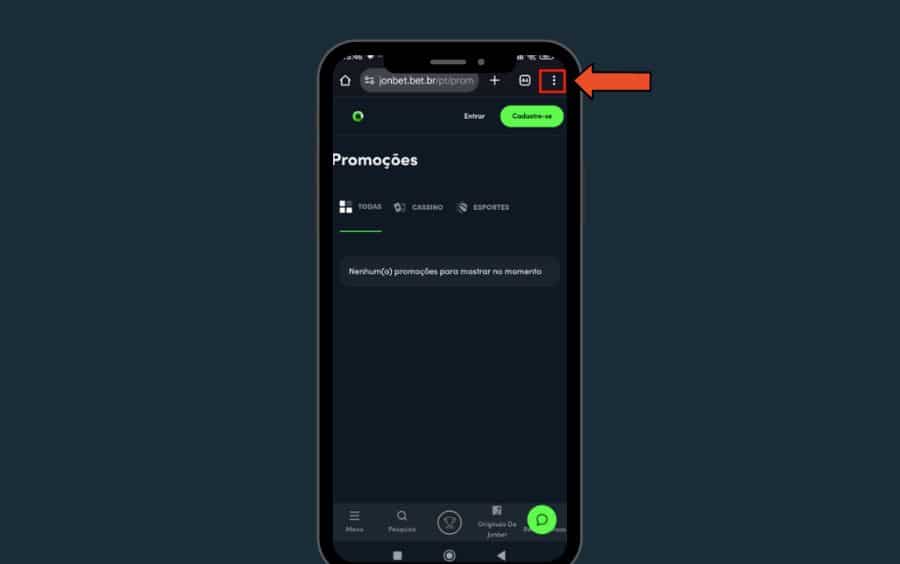 Passo 1 para adicionar o atalho da Jonbet no Android: o menu de três pontos do navegador Chrome destacado no canto superior direito.