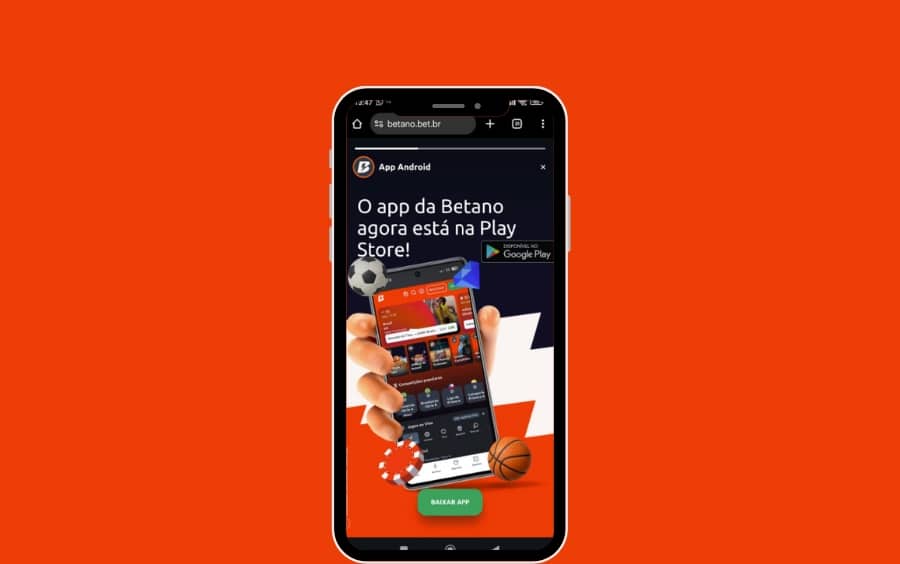 Banner promocional no site móvel da Betano informando que "O app da Betano agora está na Play Store", com um botão verde "BAIXAR APP" em destaque.