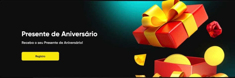 Banner promocional do BetBoom com o texto "Presente de Aniversário" e uma caixa de presente vermelha com fita amarela e diamantes flutuando.