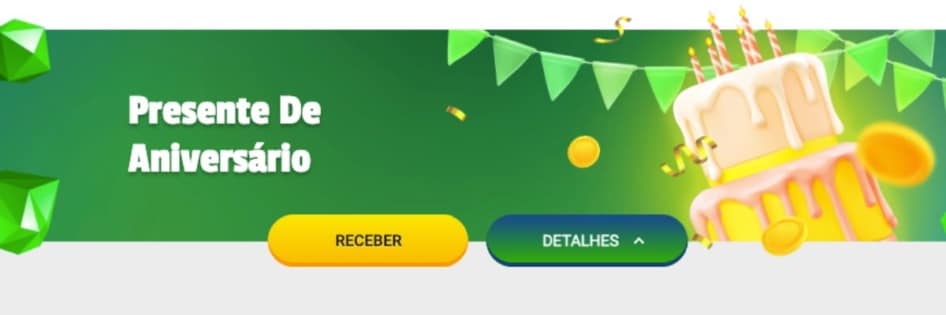 Banner verde do Brazino 777 com o texto "Presente De Aniversário", um bolo com velas e confetes, e botões "Receber" e "Detalhes".