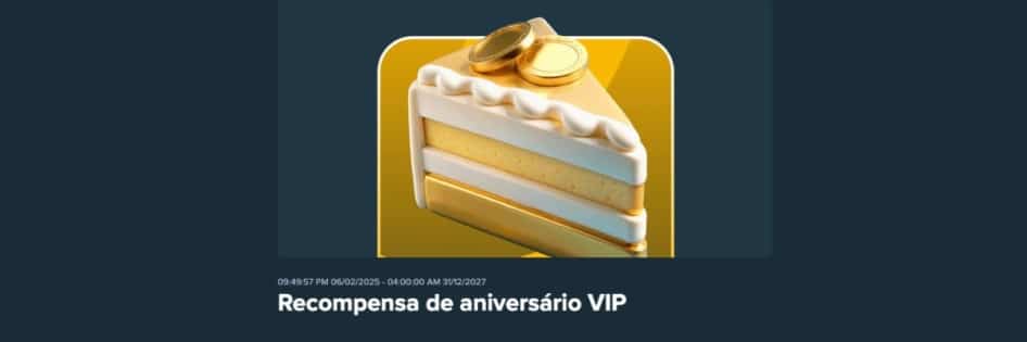 Banner da promoção "Recompensa de aniversário VIP" da Stake, mostrando uma fatia de bolo com moedas douradas em cima.