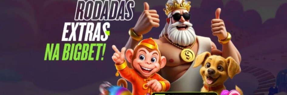 Banner da BigBet com figura de Zeus, macaco e cachorro, promovendo Rodadas Extras e Giros Grátis BigBet.