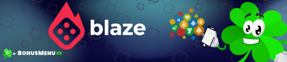 Banner de introdução do artigo sobre o Blaze App, com o logo blaze e um mascote trevo usando o celular para apostas.
