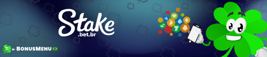 Banner da Stake .bet.br com o logotipo, um celular, e um trevo de quatro folhas mascote, ilustrando o processo de Stake App 2025