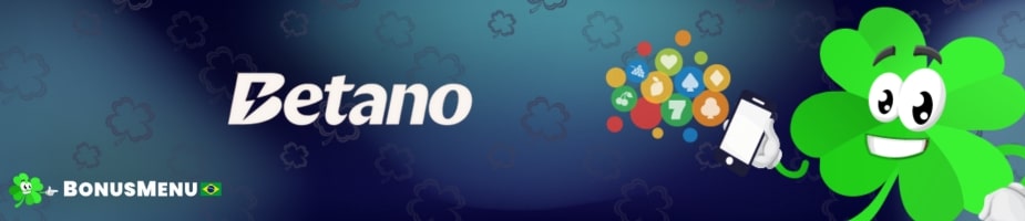 Betano app no celular: banner do BonusMenu Brasil com mascote trevo segurando smartphone e ícones coloridos de jogos de cassino online.