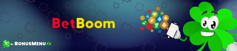Banner promocional da BetBoom com o mascote trevo segurando um smartphone, ilustrando o BetBoom app Brasil e a parceria com BonusMenu Brasil.