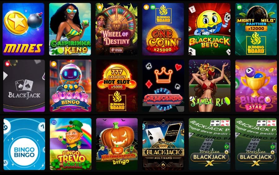 Seção de jogos de Bingo e sorte na Betboom, apresentando títulos variados como Sugar Bingo, Bingo Star e o jogo Mines.
