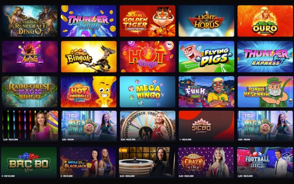 Catálogo de jogos de Bingo e Game Shows na Betano, incluindo Mega Ball, Crazy Time, Monopoly Big Baller e mesas de bingo temáticas.