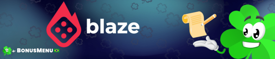 Banner promocional do cassino online Blaze com logotipo de dado em chamas e um mascote de trevo verde, incentivando o cadastro blaze.